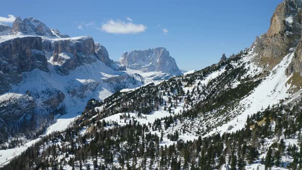 Breathtaking View On Snowy Dolomites Mountains, Huge Peaks And Beautiful Winter Landscape