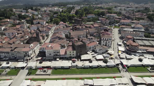 Medieval Downtown of Ponte de Lima, Street market. North of Portugal Topdown orbiting