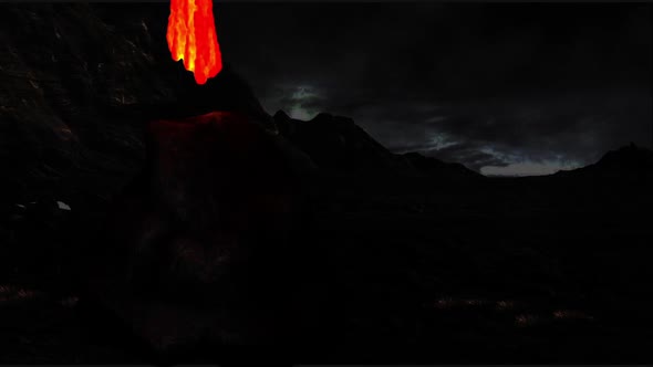 Flowing Magma On A Petrified Surface, At Night In A Mountainous Landscape