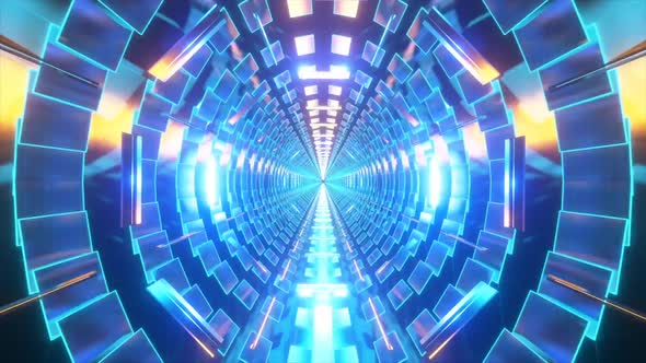 Glowing neon tunnel. Reflected in the mirror surface.