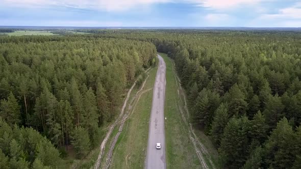 Modern Vehicle Drives Along Gray Road Among Endless Forest alt