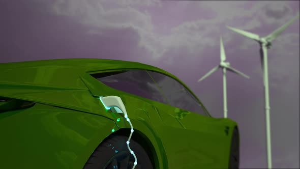 Generic electric green car charging with wind turbines in background