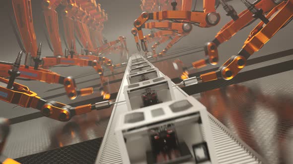 Efficient robotic arms assembling 3d printer on a factory line in a loop. 4k HD alt