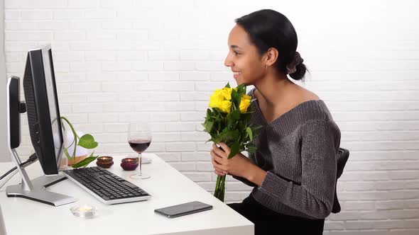 Young Cheerful Afroamerican Woman Having Romantic Online Date alt