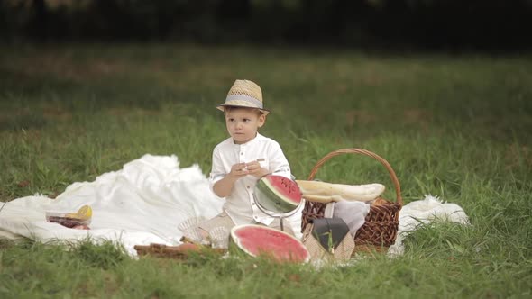 Boy Wiping His Hands at Picnic