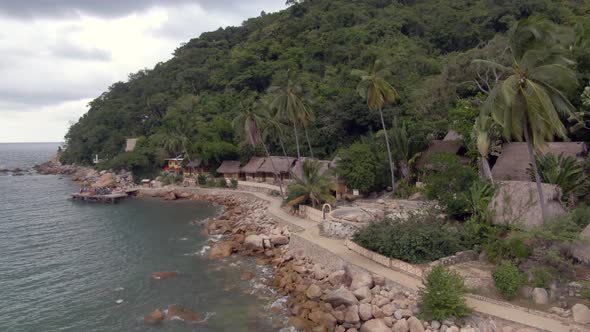 Scenic View Of Rocky Beach In Yelapa, Jalisco, Mexico - aerial drone shot alt