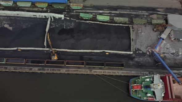 Aerial Panorama of the View Taken on a Copter From Above the Port Cranes Ships Loaded with Goods alt