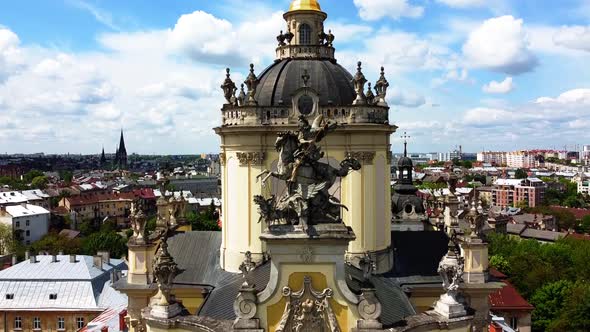 Aerial drone view of a flying over the Catholic Cathedral alt