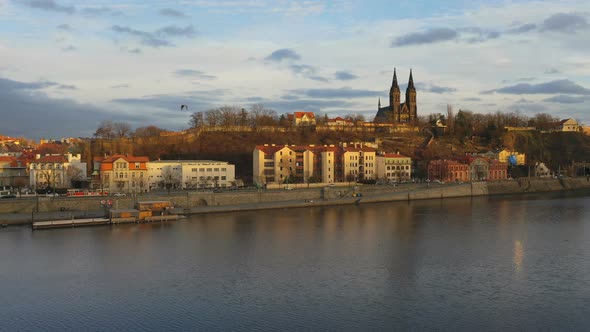 Aerial View of Vesehrad Over River Vltava at Sunset Light in Winter Time in Prague, Czech Republic alt