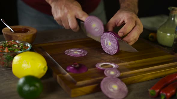 Cutting Onions on Wood Board 