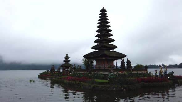 4K Time lapse of Ulun Danu Bratan temple on Beratan lake Hinduism architecture cloudy Bali Indonesia