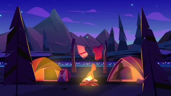 Camp Fire Tent Night - Bone Fire - Cartoon Animations