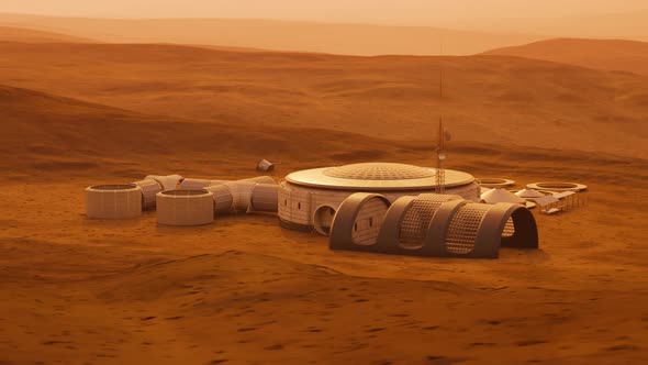 Mars base, building process. Expedition on alien planet. Martian colony. alt