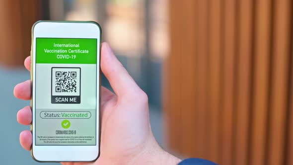 Male hand holding a smartphone with International Vaccination Certificate COVID-19 QR code alt
