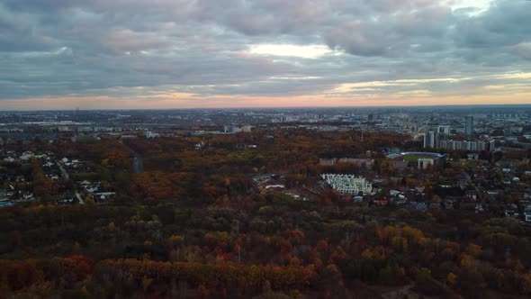 Aerial autumn, clouds in Kharkiv city center park