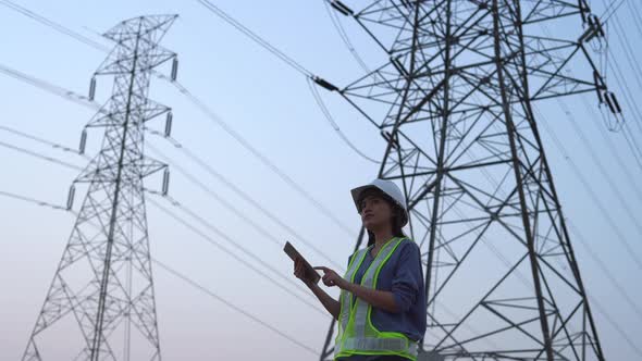 Female electrical engineer working near to High voltage tower.