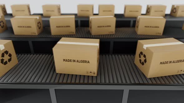 Boxes with MADE IN Algeria  Text on Conveyor alt