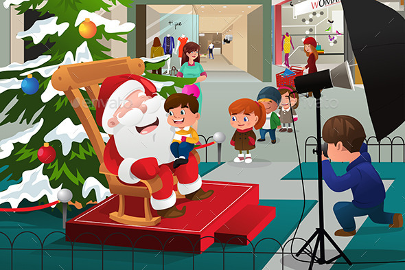 Kids Lining Up to Take Pictures with Santa Claus - Christmas Seasons/Holidays