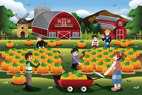 Kids on a Pumpkin Patch Trip - People Characters