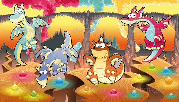 Dragon's Family with background - Monsters Characters