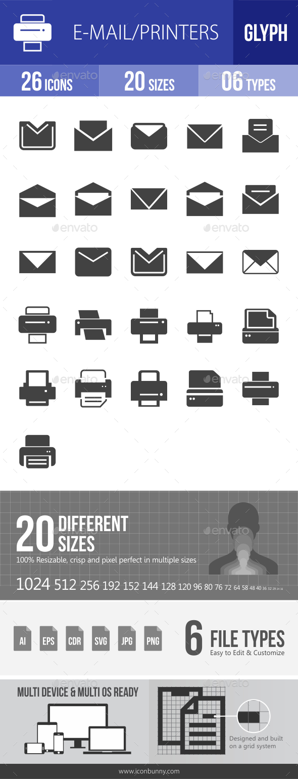 Email & Printer - Technology Glyph Icons - Icons