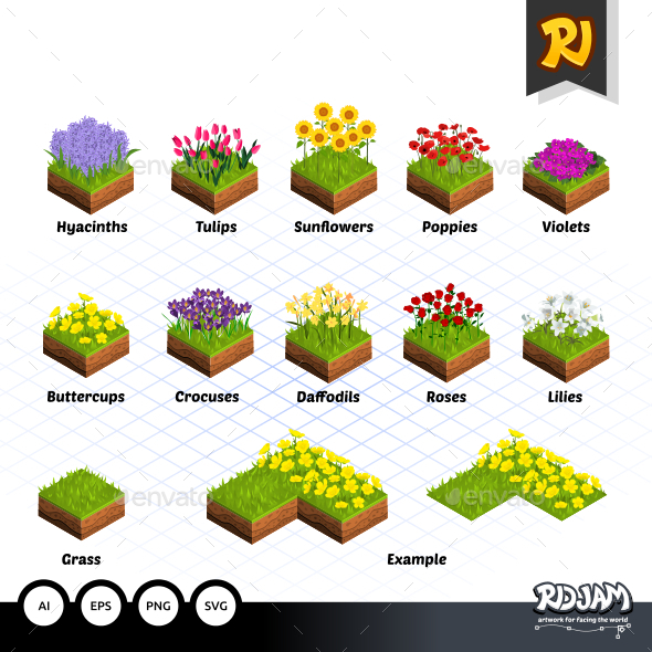 Set of Isometric Tiles Flowers - Tilesets Game Assets