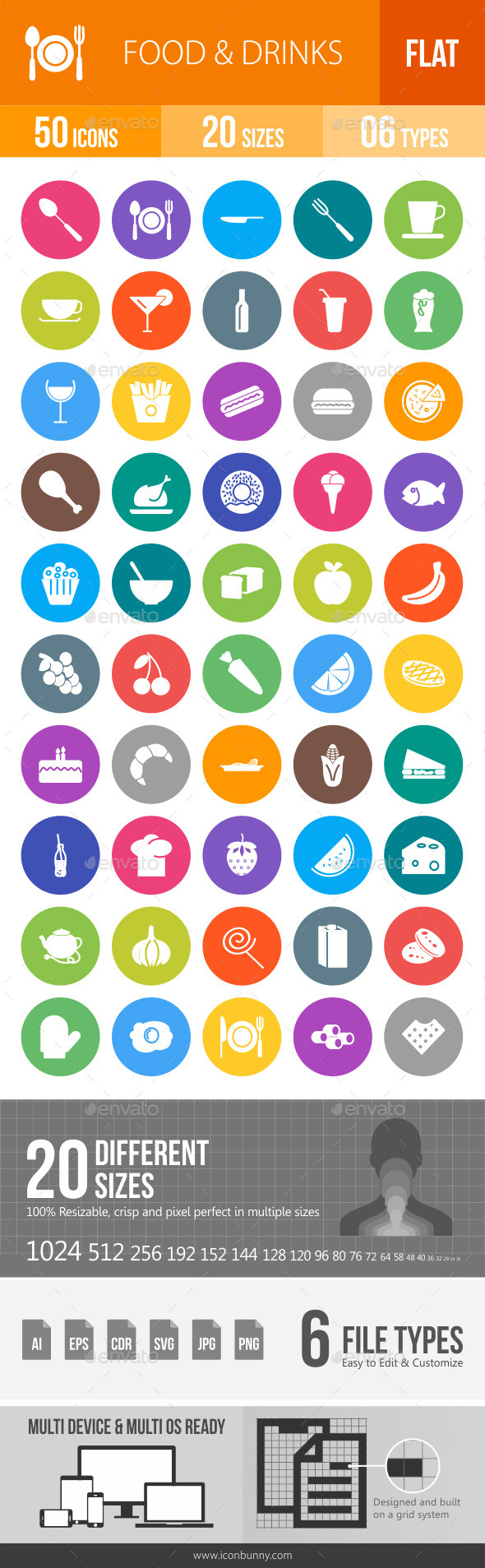 Food & Drinks Flat Round Icons - Icons