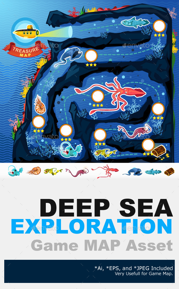Deep Sea Exploration Treasure Game Map - Animals Characters