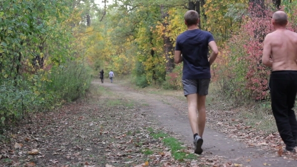 Two Mens Run In The Park In Autumn Forest