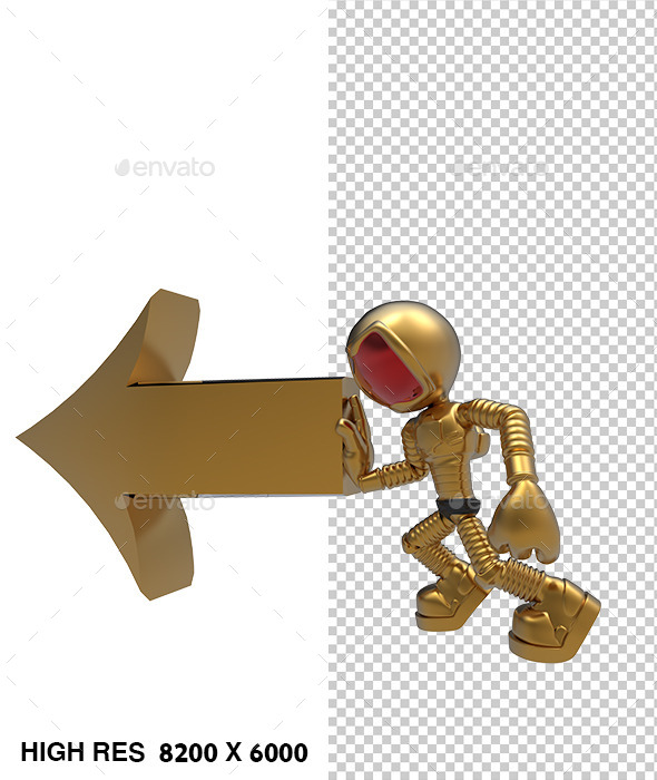 3D Golden Astronaut Push Left Direction Arrow - Characters 3D Renders