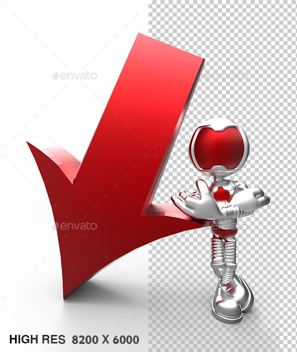 3D Silver Astronaut Tell Direction Red Arrow Down - Characters 3D Renders