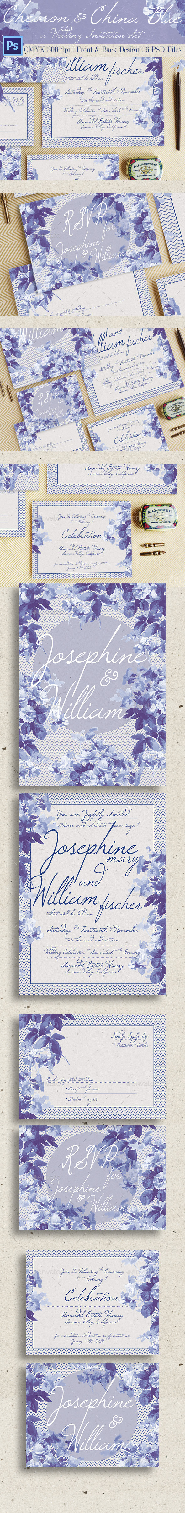 Chevron & China Blue Wedding Invitation - Cards & Invites Print Templates