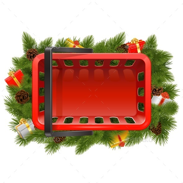 Vector Shopping Basket with Christmas Decorations - Christmas Seasons/Holidays