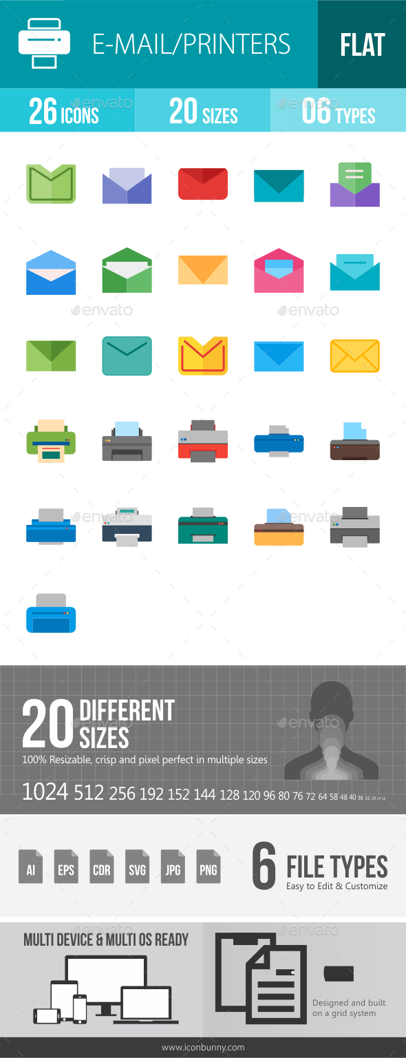 Email & Printer - Technology Flat Multicolor Icons - Icons
