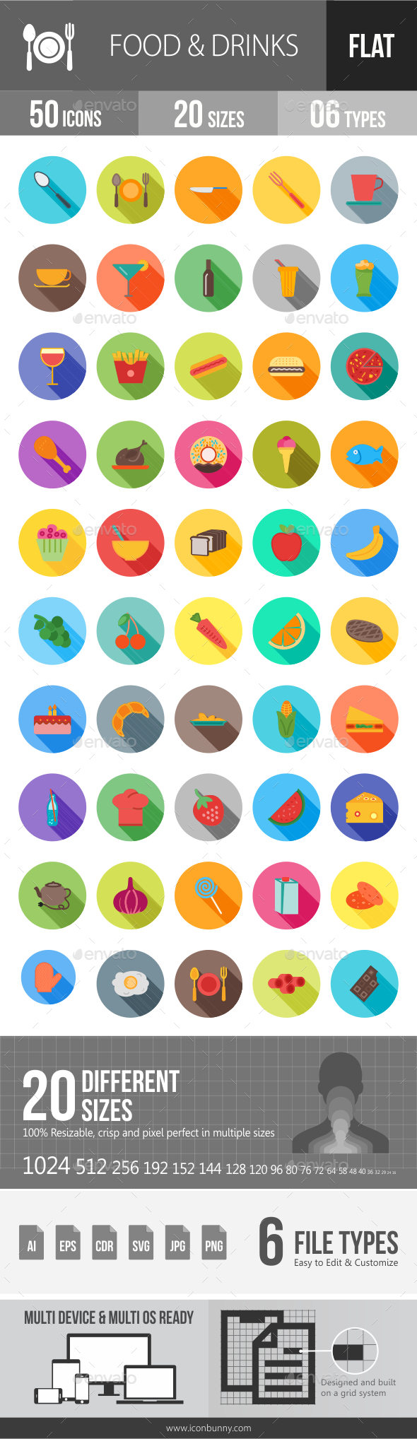 Food & Drinks Flat Shadowed Icons - Icons