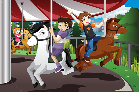 Kids Riding on Merry Go Round - People Characters