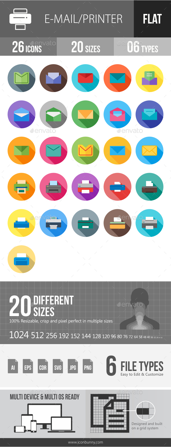 Email & Printer Technology Flat Shadowed Icons Email & Printer Technology Flat Shadowed Icons