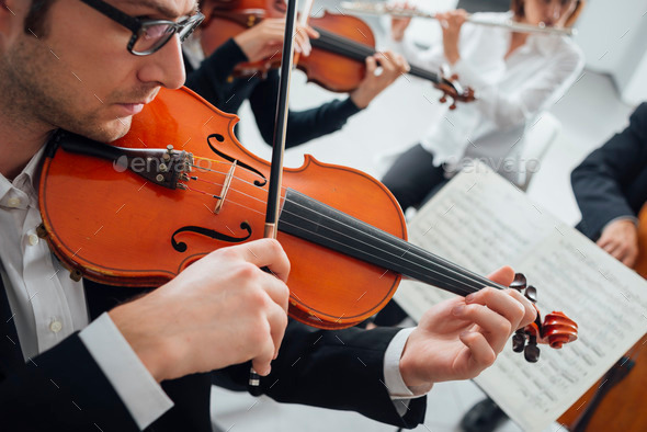Violinist performing with music sheet - Stock Photo - Images
