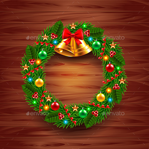 Christmas Wreath on Wooden Background - Christmas Seasons/Holidays