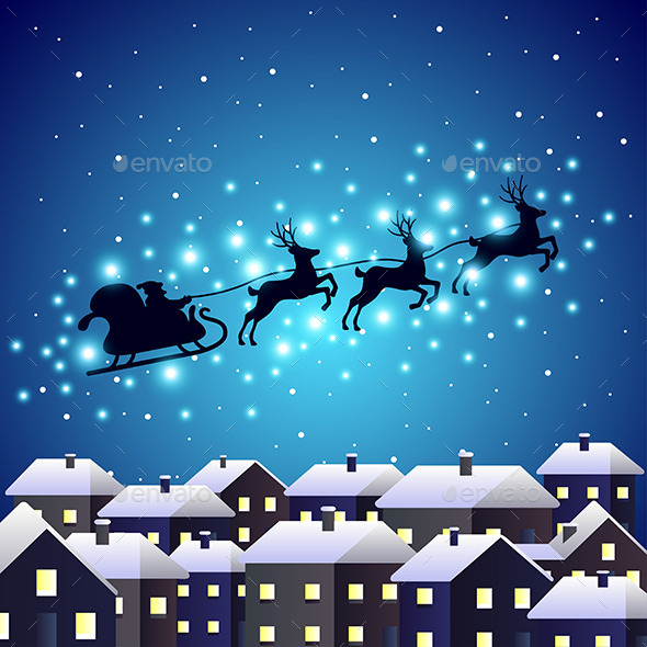 Santa Reindeer Silhouette on Night City - Christmas Seasons/Holidays