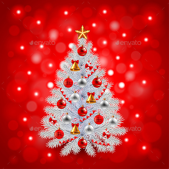 White Decorated Christmas Tree on Red Background - Christmas Seasons/Holidays