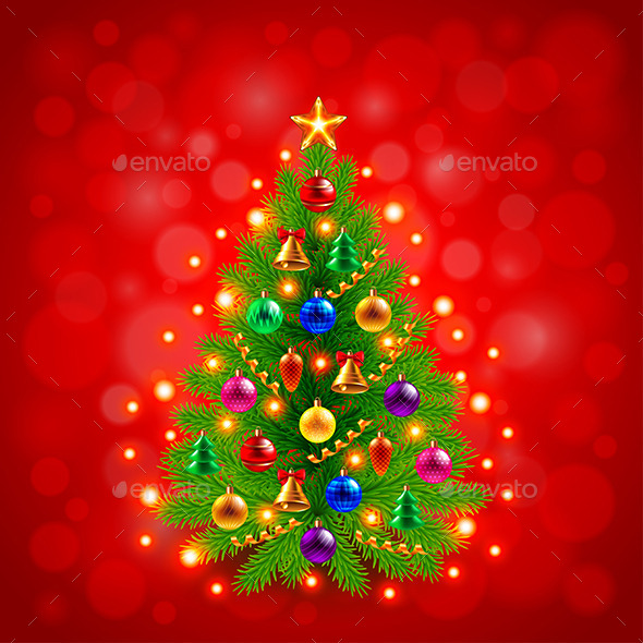 Green Decorated Christmas Tree on Red Background - Christmas Seasons/Holidays