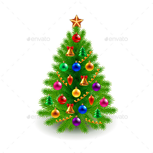 Green Decorated Christmas Ttree Isolated on White - Christmas Seasons/Holidays