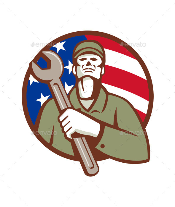 Mechanic Holding Wrench USA Flag Circle Retro - People Characters