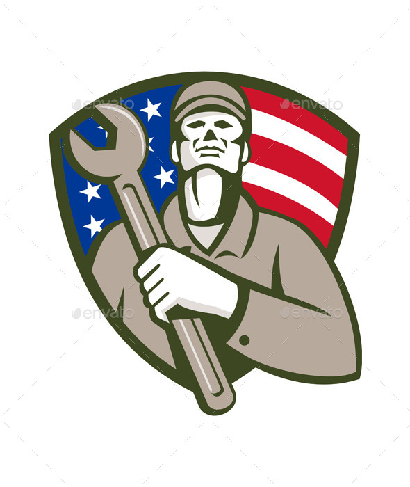 Mechanic Holding Wrench USA Flag Shield Retro - People Characters