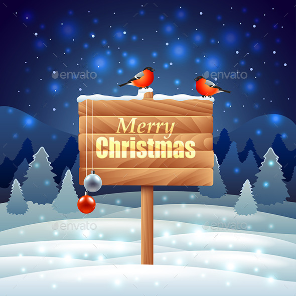 Bullfinches on Wooden Sign Christmas Background - Christmas Seasons/Holidays