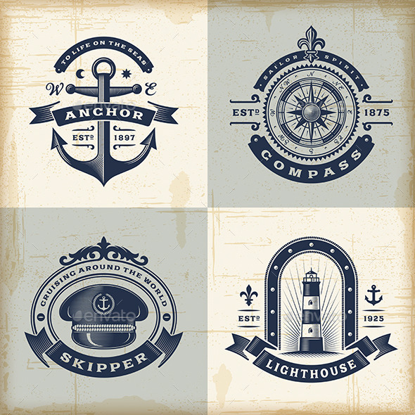 Set of Vintage Nautical Labels - Decorative Symbols Decorative