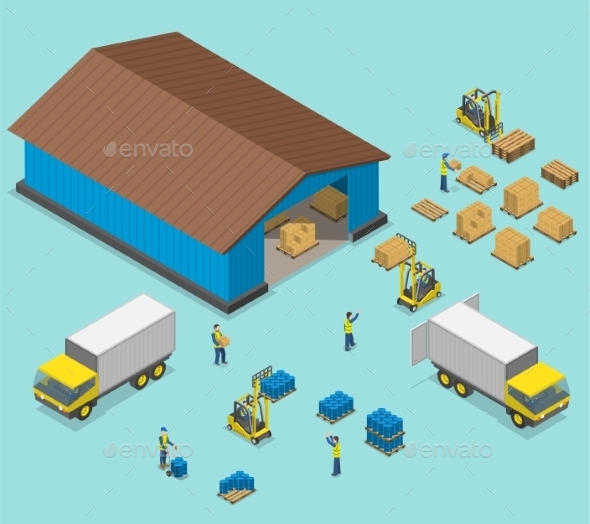 Warehouse Isometric Flat Vector Illustration - Buildings Objects