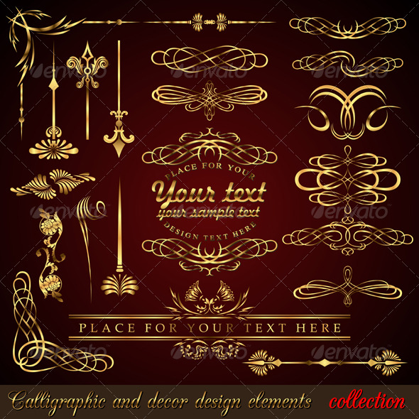Gold calligraphic design elements - Flourishes / Swirls Decorative