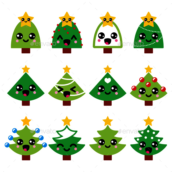Cute Kawaii Christmas Green Tree With Star Icons - Christmas Seasons/Holidays